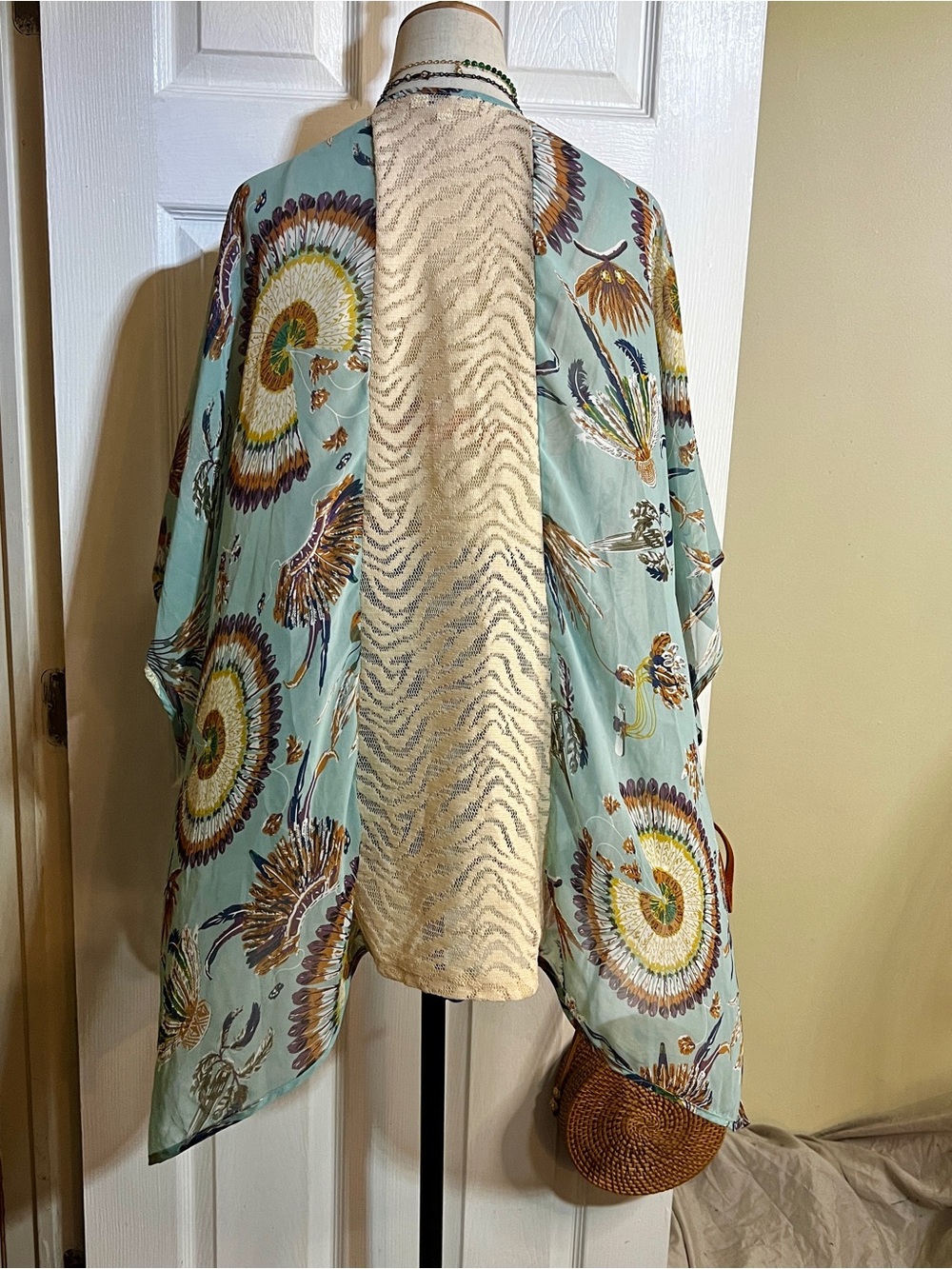 Umgee Wms Teal Feather Print Sheer Crochet Kimono Boho Festival Open Top‎ M/L - Picture 2 of 9